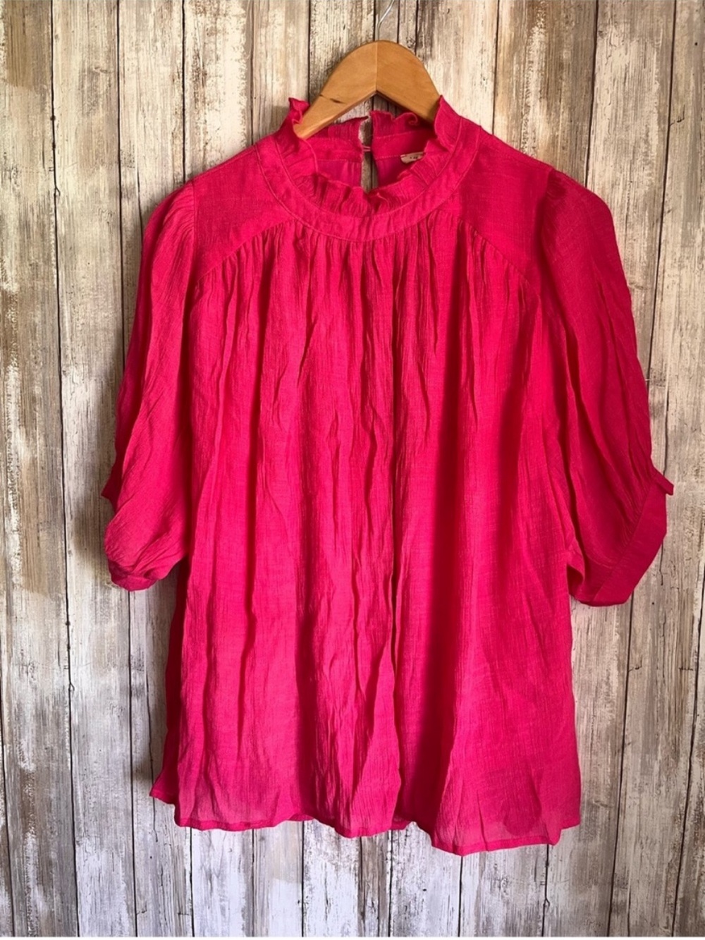 Jodifl Fuchsia Ruffle Neck Blouse Balloon Sleeve Top Large Boho Boutique